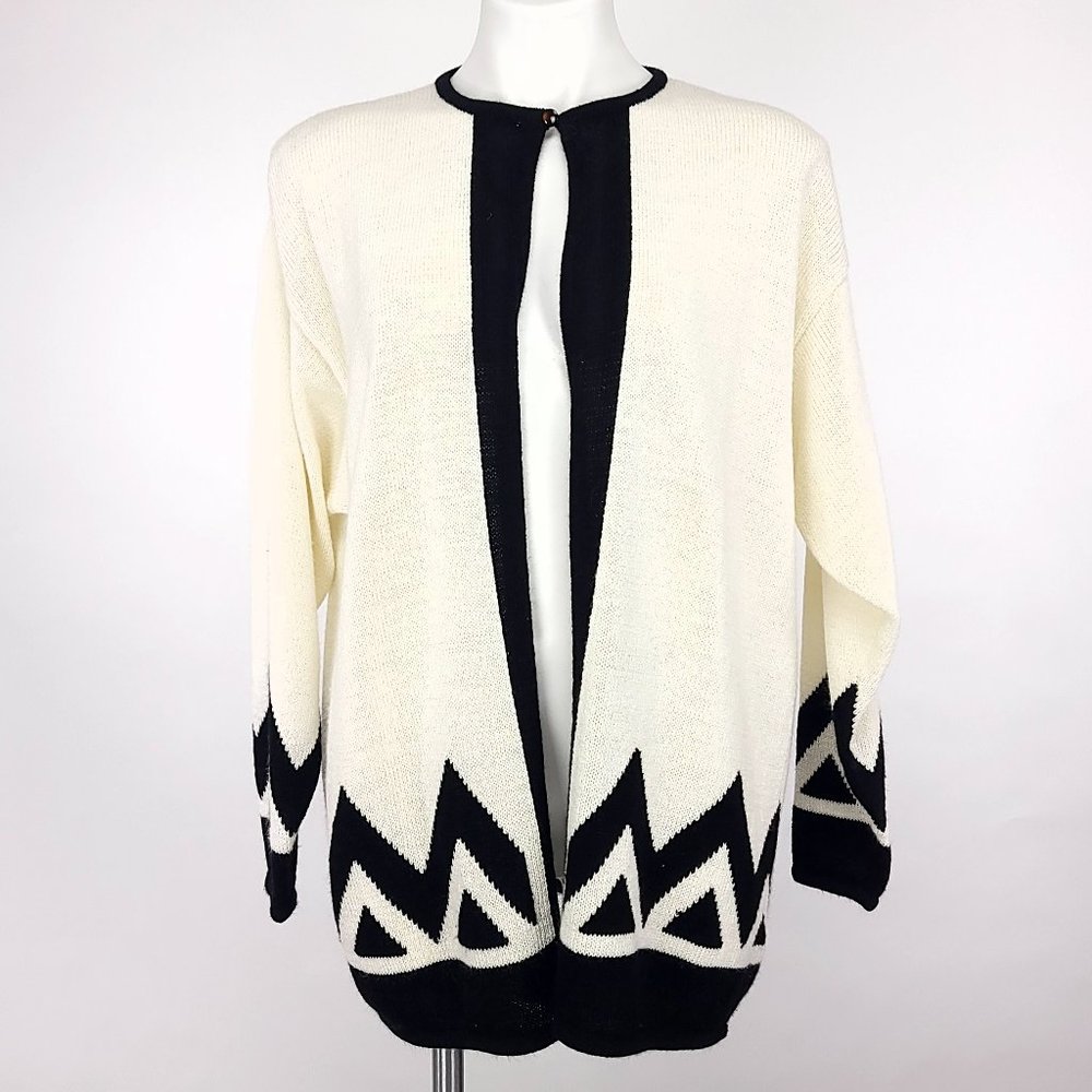 Anne Crimmins Umi Collections Cardigan Womens‎ Cream Black Geometric Vintage L